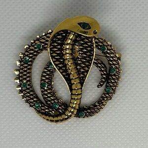 Vintage Look Gold & Green Rhinestone Cobra Snake Brooch Pin